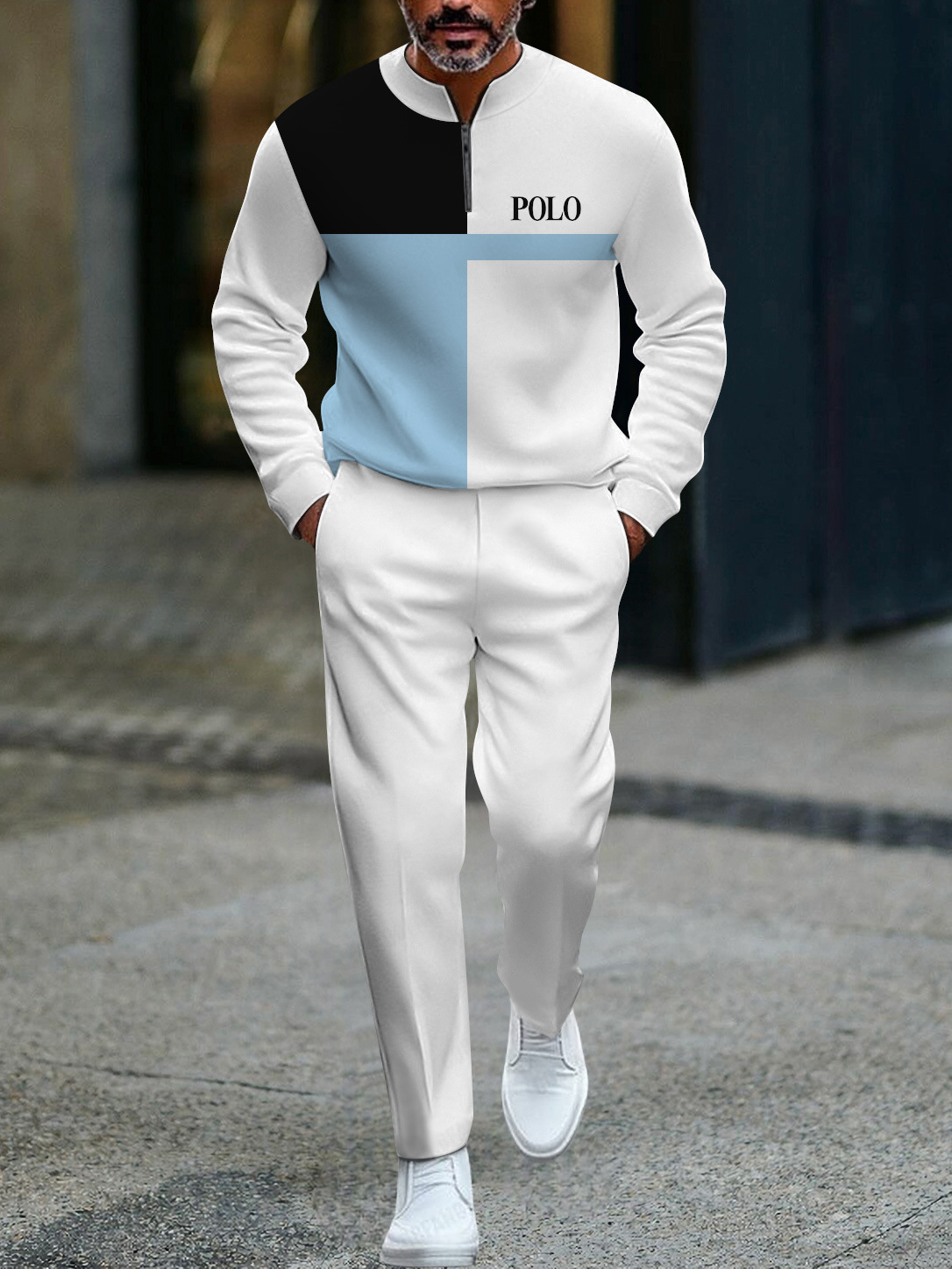 ​​Men's Half-Zip Sportswear Set – Casual Round Neck Top & Relaxed Fit Trousers (Black/Grey, S-XXXL)​​_viptrois.com