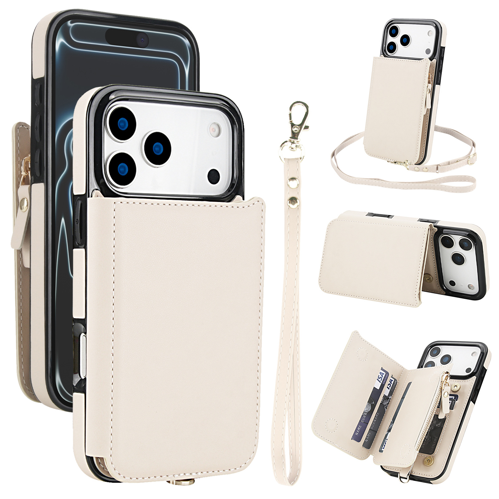 Aplicable a Apple iPhone17 doble tapa de cremallera doble fijación caso de teléfono móvil se puede desprender mano de la parte posterior inclinada soporte de tarjeta cubierta de cuero image 9
