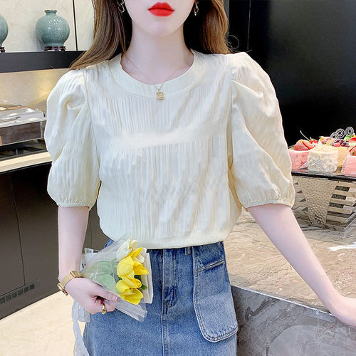 Summer Blouse Chiffon Short Sleeve Top Women's 2025 New Bubble Sleeve Top Elegant Short Europy Style Women's