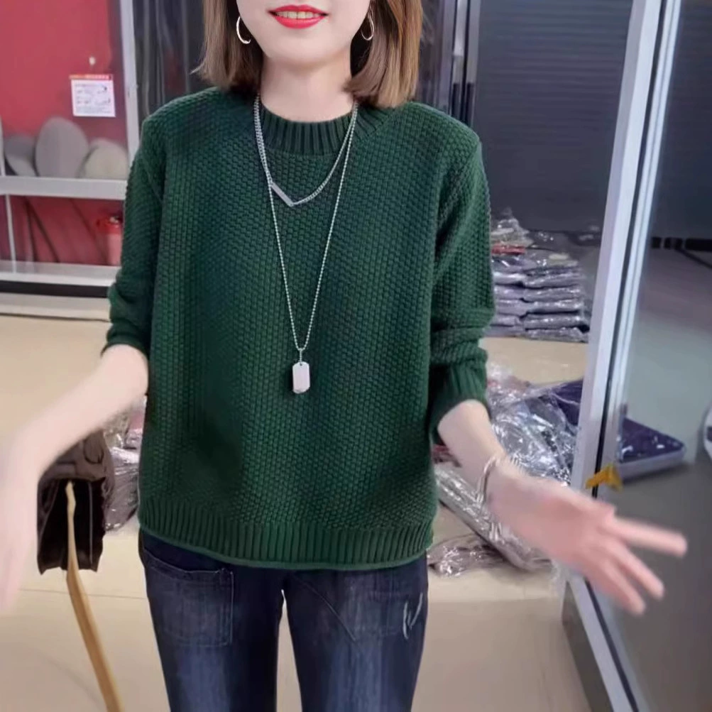 Сплошной трикотажный топ для женщин 2024 осень и зима новая корейская версия с круглым вырезом