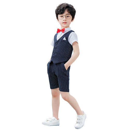 Children's dress, boy's short-sleeved striped vest set, Korean style summer new fashion flower girl host performance clothing dropshipping