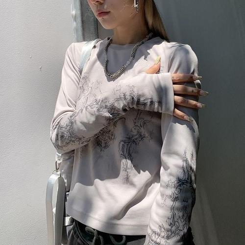 Y2K European & American 2025 Autumn Retro Streetwear Printed Personalized Daily Casual Long-Sleeve Crew-Neck T-Shirt Top for Women