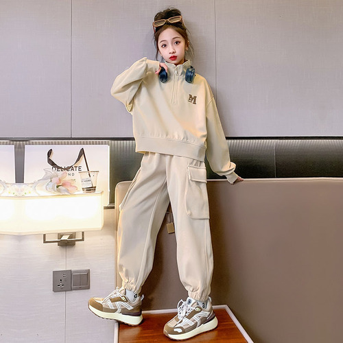 Girls overalls suit spring 2024 new style girls casual cotton sweatshirt loose children's two-piece set