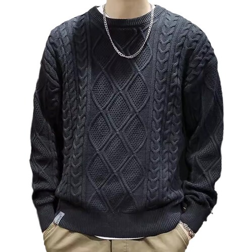 Chic Brand Heavyweight Autumn/Winter Solid Color Retro Cable Knit Men's Loose Cool Casual Crew Neck Sweater