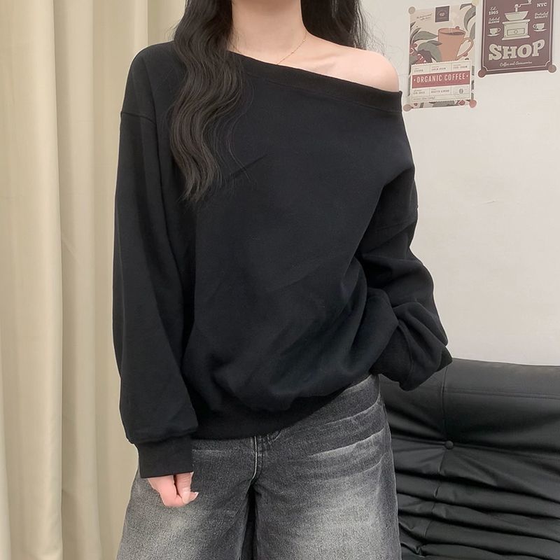 美式花灰色露肩斜肩卫衣女春秋季感宽松慵懒风斜角肩长袖上衣|undefined