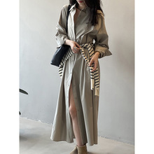 言双 慵懒风下摆开衩长款衬衫裙女 秋季森系叠穿百搭衬衣82128