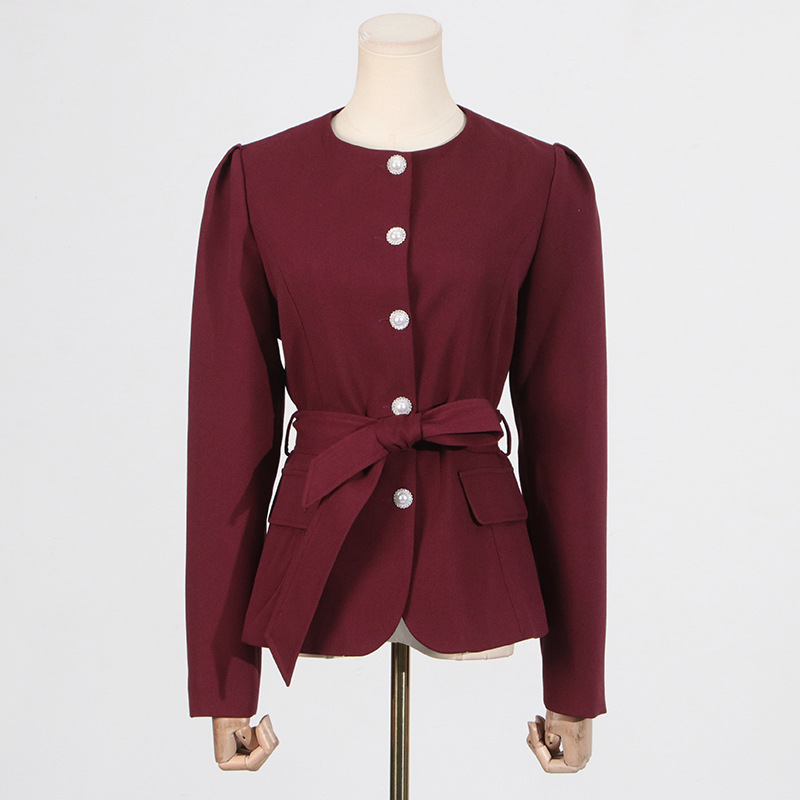 Casual Set Women Autumn Solid Color round Neck Single Breasted Design Slim Skirt Set