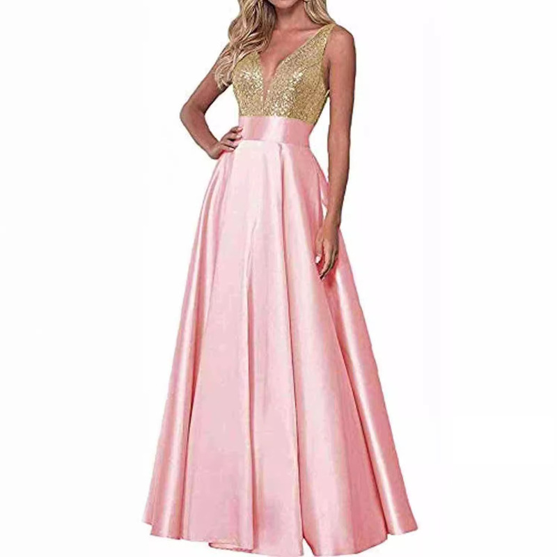 Foreign Trade Women's Sequined Rose Gold Evening Dress, Ball Gown, V-Neck Backless Bridesmaid Dress, Dinner Party Evening Dress