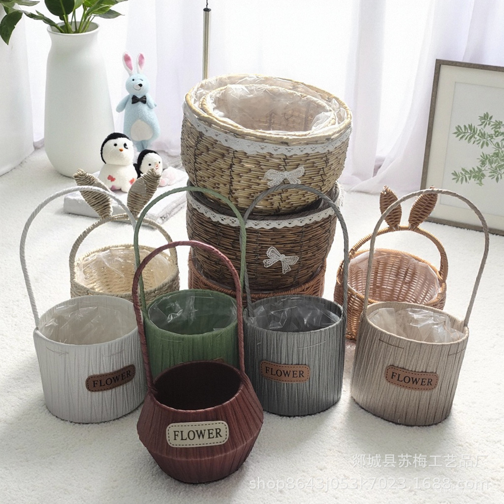 Maceta de Imitación Ratán de Plástico Tejido a Mano para Escritorio y Decoración de Plantas