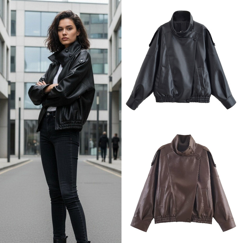 Za European and American Style Cross-Border Export Spot Hot New Winter Women's Retro Street Pebbled Women's Leather Jacket Za European and American Style Cross-Border Export Spot Hot New Winter Women's Retro Street Pebbled Women's Leather Jacket