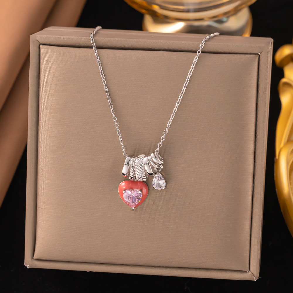 【8215】핑크 다이아몬드 레드 러브 목걸이【실버】
