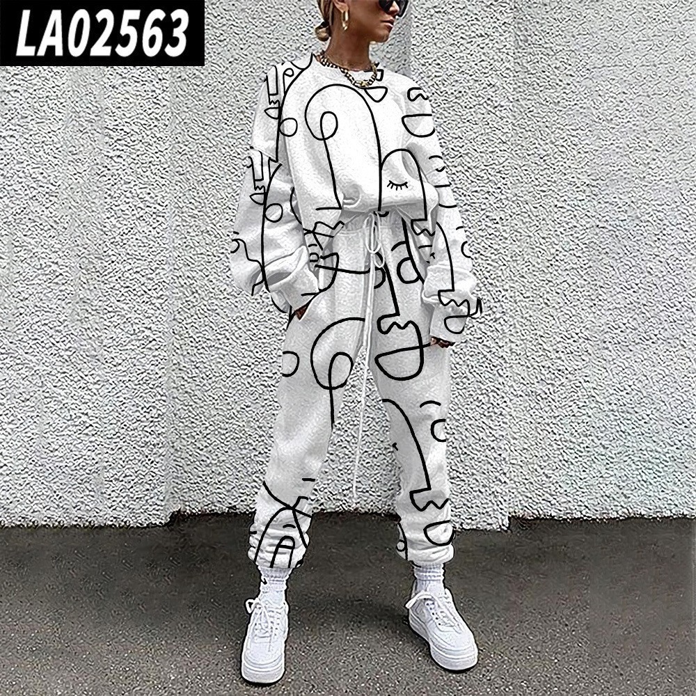 Conjunto de Sudadera Informal con Cuello Redondo y Estampado Holgado para Mujer, Estilo Europeo y Americano, Novedad de Comercio Exterior Transfronterizo para Otoño 2025