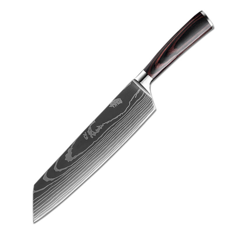 Venta caliente transfronteriza patrón de Damasco cuchillo de chef mango de madera de color cuchillo de cocina de acero inoxidable juego de cuchillos de estilo japonés Sande al por mayor