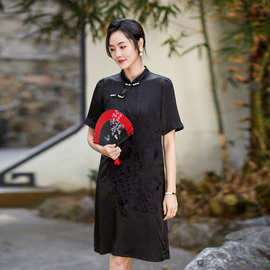 75213 重磅真丝女装夏季新品凤凰刺绣盘扣国风织绵旗袍连衣裙短袖