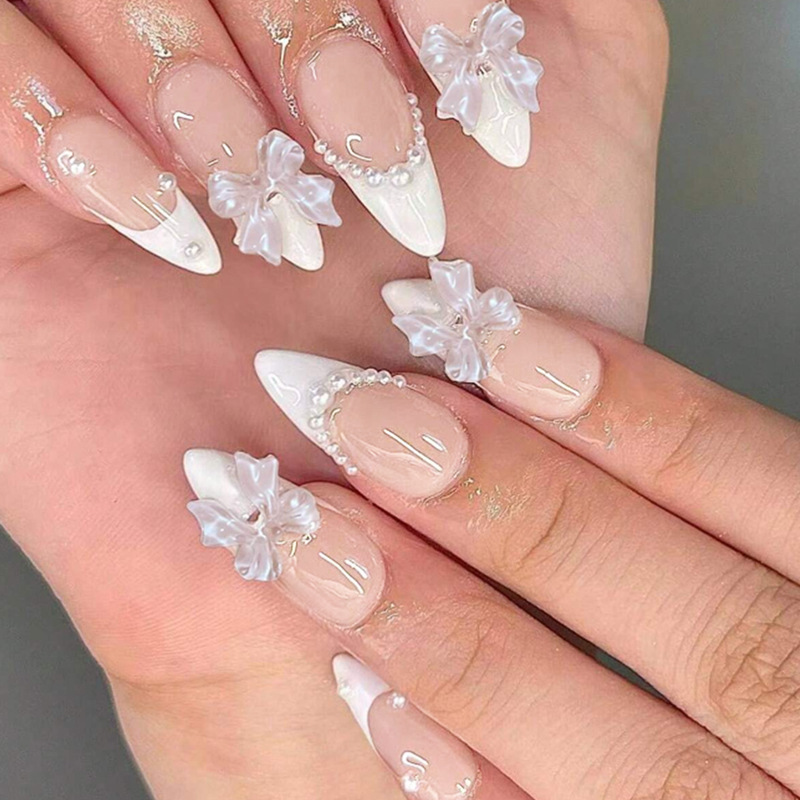 Ins style French pearl white bow false nails flesh color pointed nail nude drop type wear nail wholesale