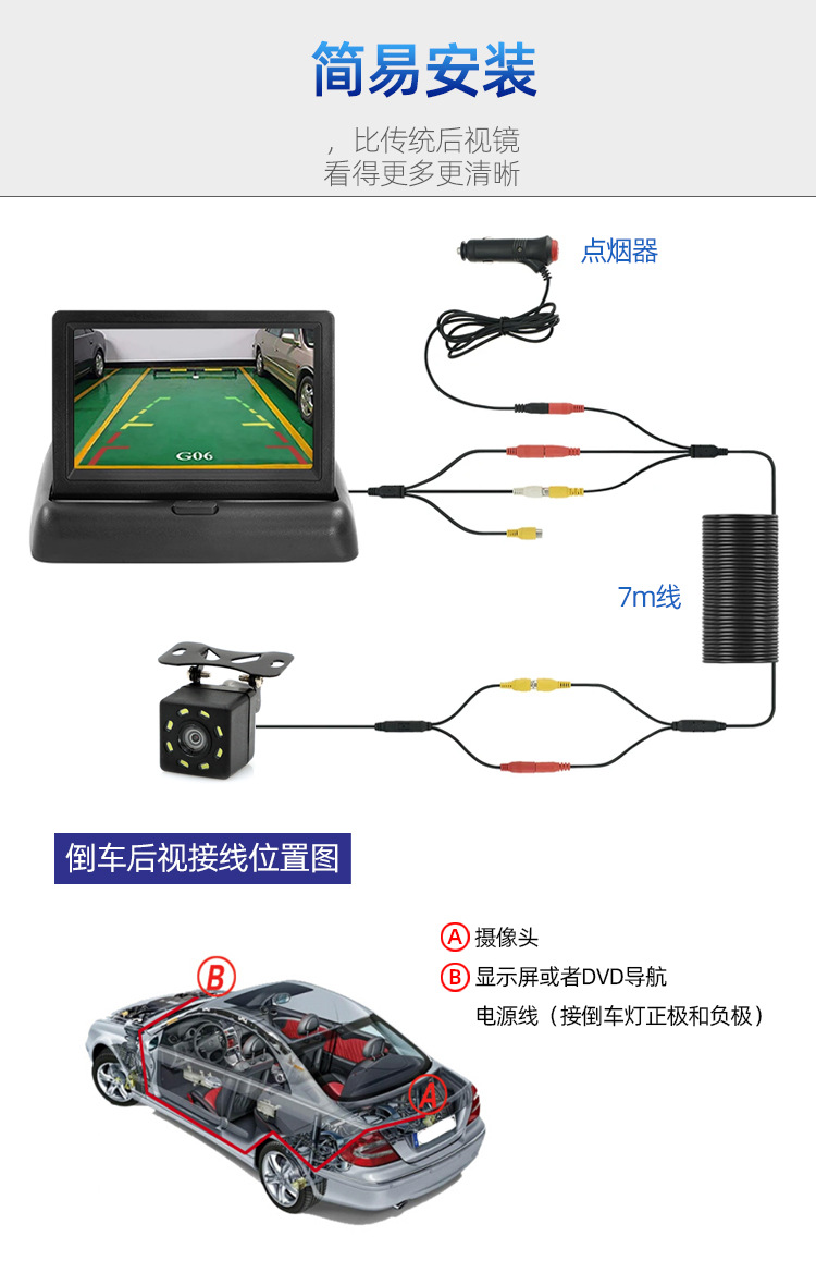 Car 4.3-inch 5-inch folding display system external high-definition night vision waterproof car camera reversing image