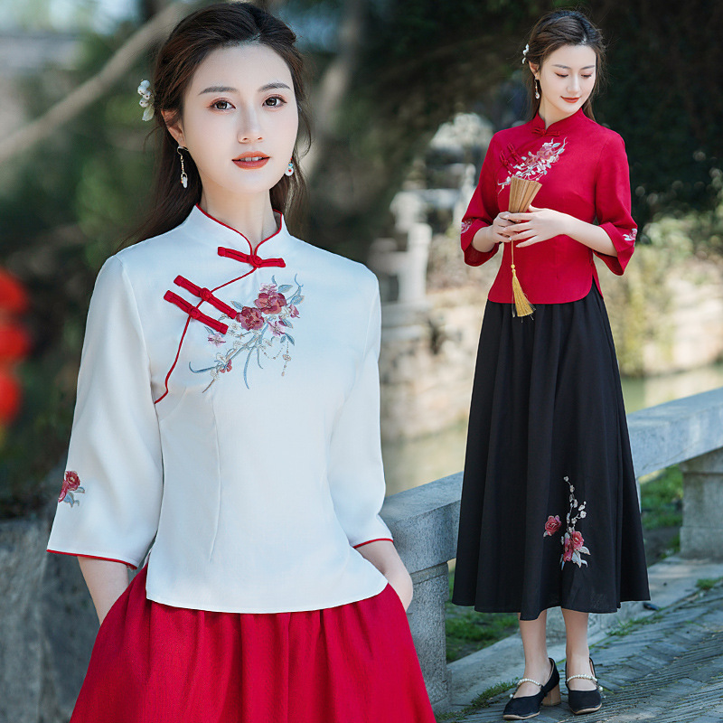 Real Shot of Improved Hanfu with Stand Collar and Traditional Chinese Buttons, Ethnic Chinese Style Student Class Uniform, Hanfu Element Set, Mid-Length Style Real Shot of Improved Hanfu with Stand Collar and Traditional Chinese Buttons, Ethnic Chinese Style Student Class Uniform, Hanfu Element Set, Mid-Length Style