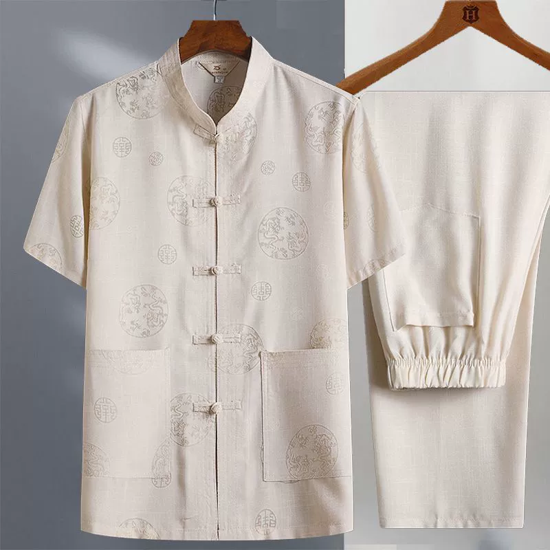 Летняя одежда с короткими рукавами Tang мужской повседневный костюм Китайский средний и пожилой рубашка