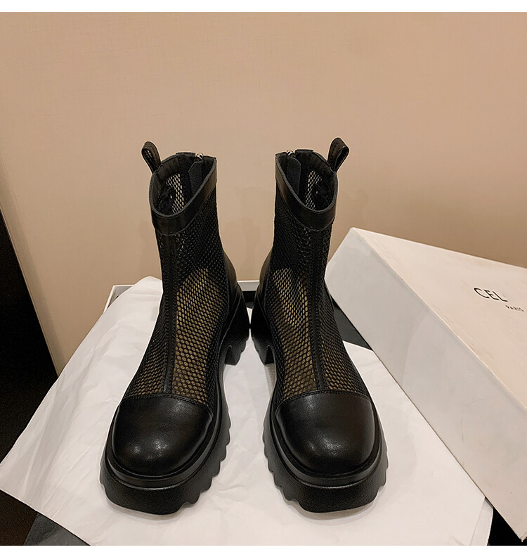 Boot nữ cổ cao đế dày gót bánh xốp da bò lưới thoáng khí xuân hè 2024 — Màu đen, Màu trắng be chi tiết 37