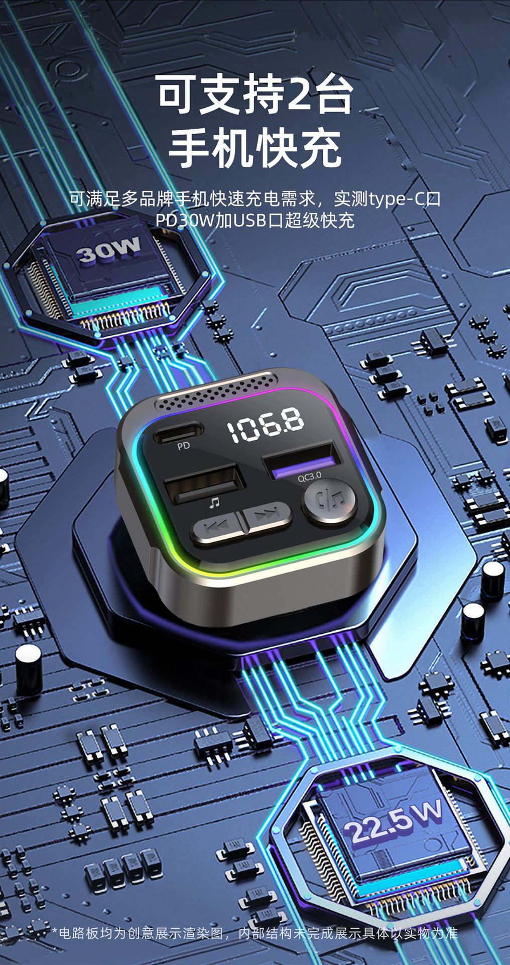 New Car-Mounted Mp3 Bluetooth Player Aluminum-Magnesium Alloy Fm Transmitter Pd30W Fast Charging Car Charger