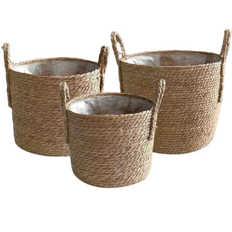 Nuevo estilo de tela de caña canasta de flores portátiles canasta de estilo nórdico retro rosa tela de paja canasta de flores DIY material al por mayor