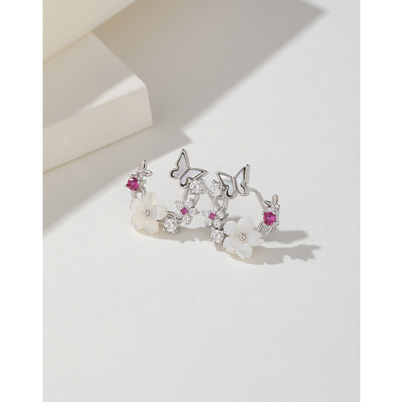 925 aretes de flores de plata esterlina para mujeres lujosos nicho de diseño de zircon concha mariposa pernos de aretes de alta calidad
