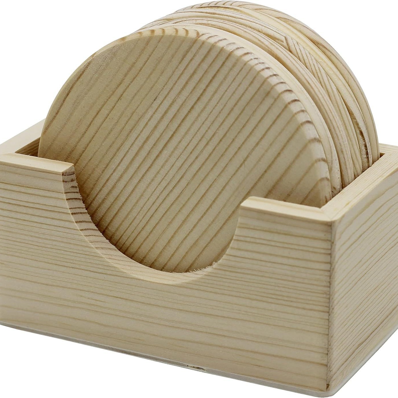 6-Piece Set of Unfinished Wooden Coasters with Stand - 4inch Round Wooden Coasters, Polished and Ready for Decoration