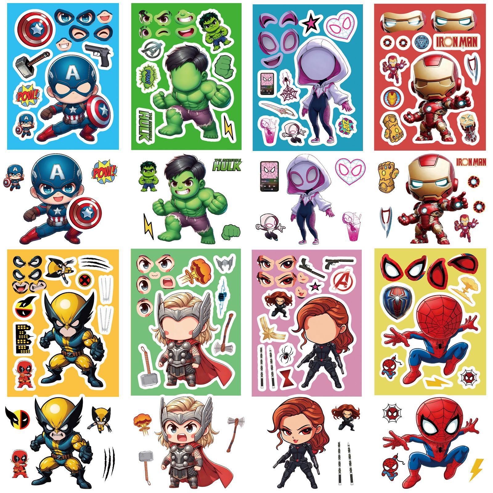 8张美国动漫漫威跨境儿童益智换脸DIY游戏装饰亲子互动防水贴画