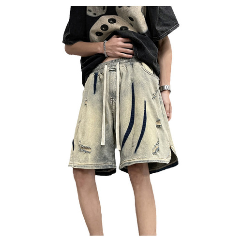American-style distressed jeans for men, streetwear summer denim shorts, trendy brand, retro, Instagram, Western European and American style, hip-hop, five-pocket pants