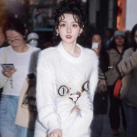 【现货】重工刺绣马海毛羊毛混纺宋祖儿同款刺绣猫咪马海毛毛衣女