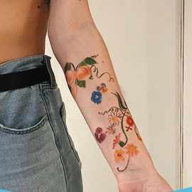 种一片花园 蜡笔花臂纹身贴手臂水果卡通植物图片纹身贴ins花臂