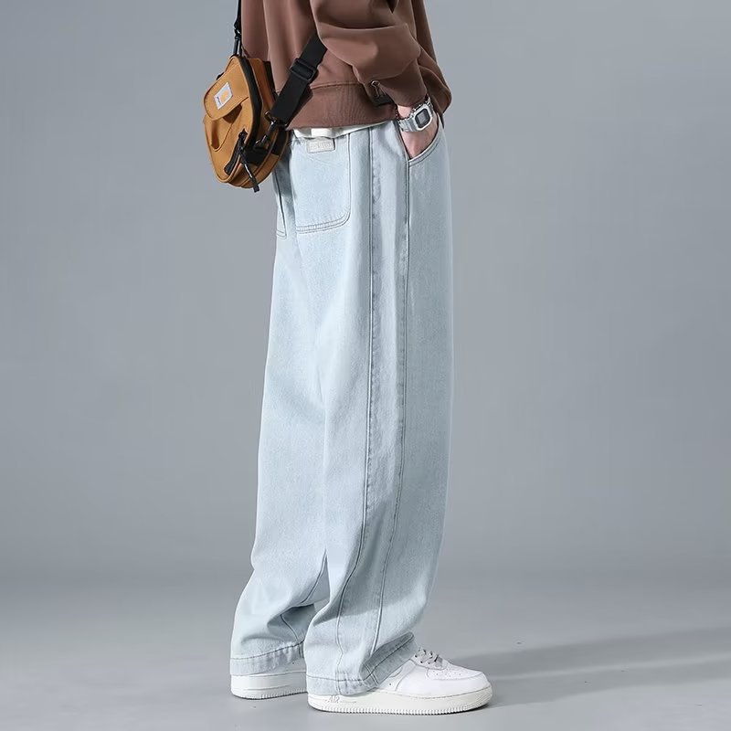 Jeans Men's Spring and Autumn New Arrival Hong Kong Style Trendy Ins Loose plus size Straight Leg Pants Student Fashion Labeling Wide Leg Pants