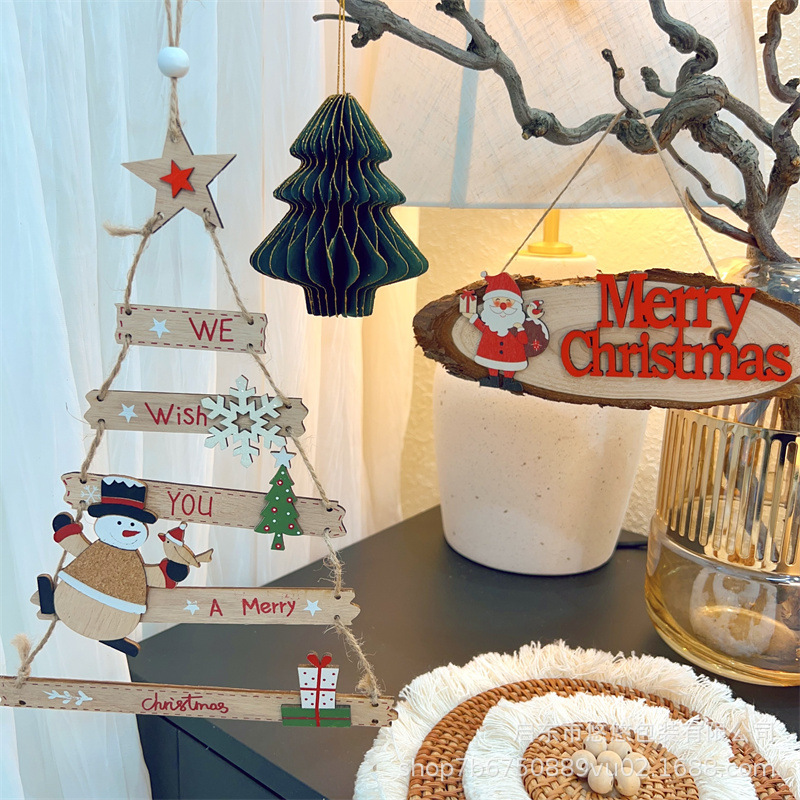 クロスボーダークリスマス木製装飾看板 クリスマス英語文字 ドア壁掛け 三角形ペンダント DIY小道具|undefined