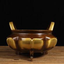 纯铜香炉摆件老黄铜冲天耳马蹄足花瓣香炉双耳炉宣德炉家居装饰品