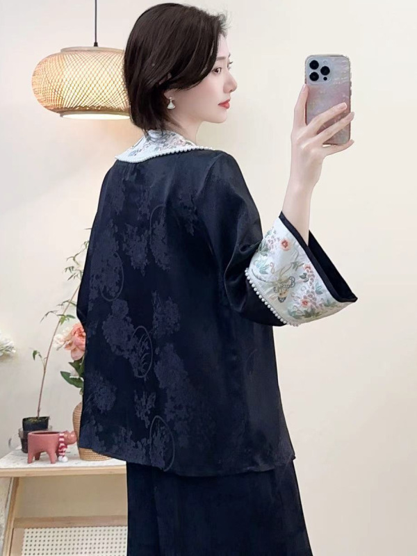2025初秋款缎面拼接刺绣开衫新中式盘扣提花女士九分袖衬衫|undefined