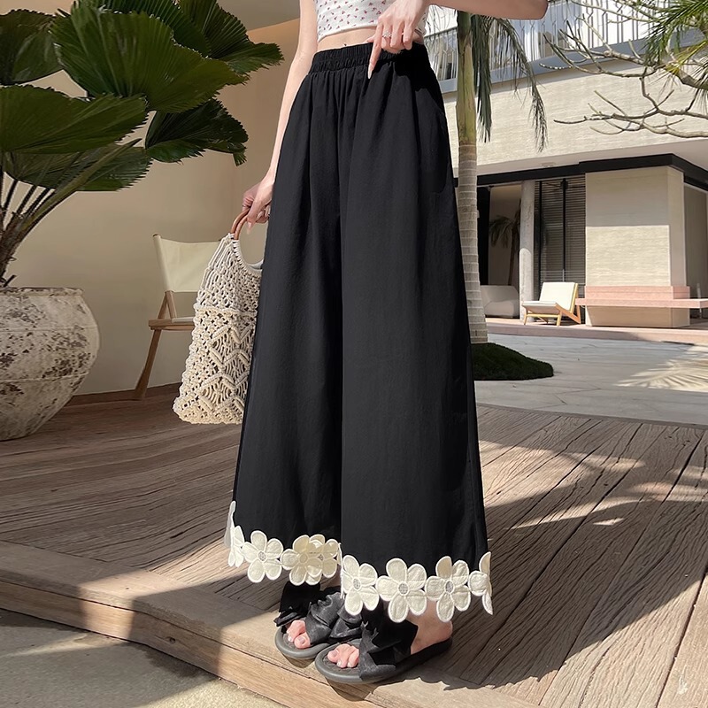 Women's Summer Thin Casual Pants Korean Style Floral Patchwork Flared Pants High-Waisted Straight Slimming Drapey Yamamoto Cropped Pants Women's Summer Thin Casual Pants Korean Style Floral Patchwork Flared Pants High-Waisted Straight Slimming Drapey Yamamoto Cropped Pants