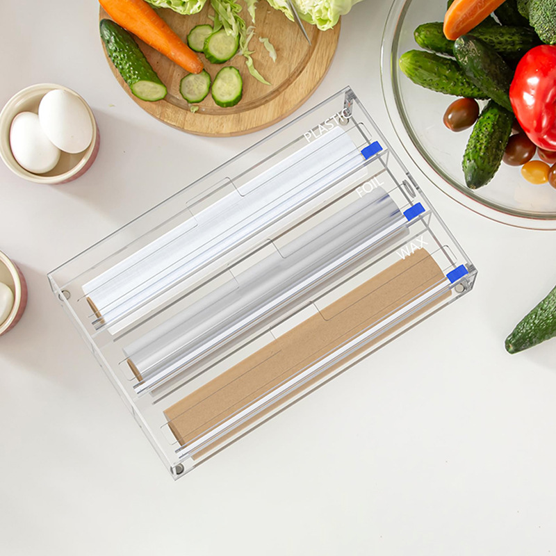 Caja de almacenamiento de película de acrílico personalizada 3 en 1 dispensador de película de cocina de cajón de polpa para terminar y almacenar