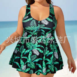 2025新款欧美加大码泳衣女印花裙式平角裤泳装亚马逊沙滩游泳衣
