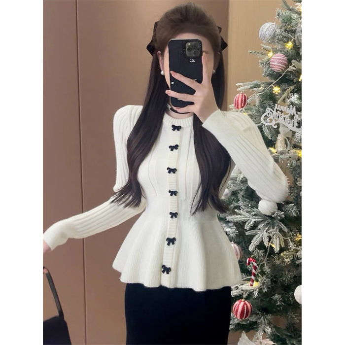 红色圆领蝴蝶结针织衫毛衣女早秋法式设计感御姐优雅修身女装|undefined