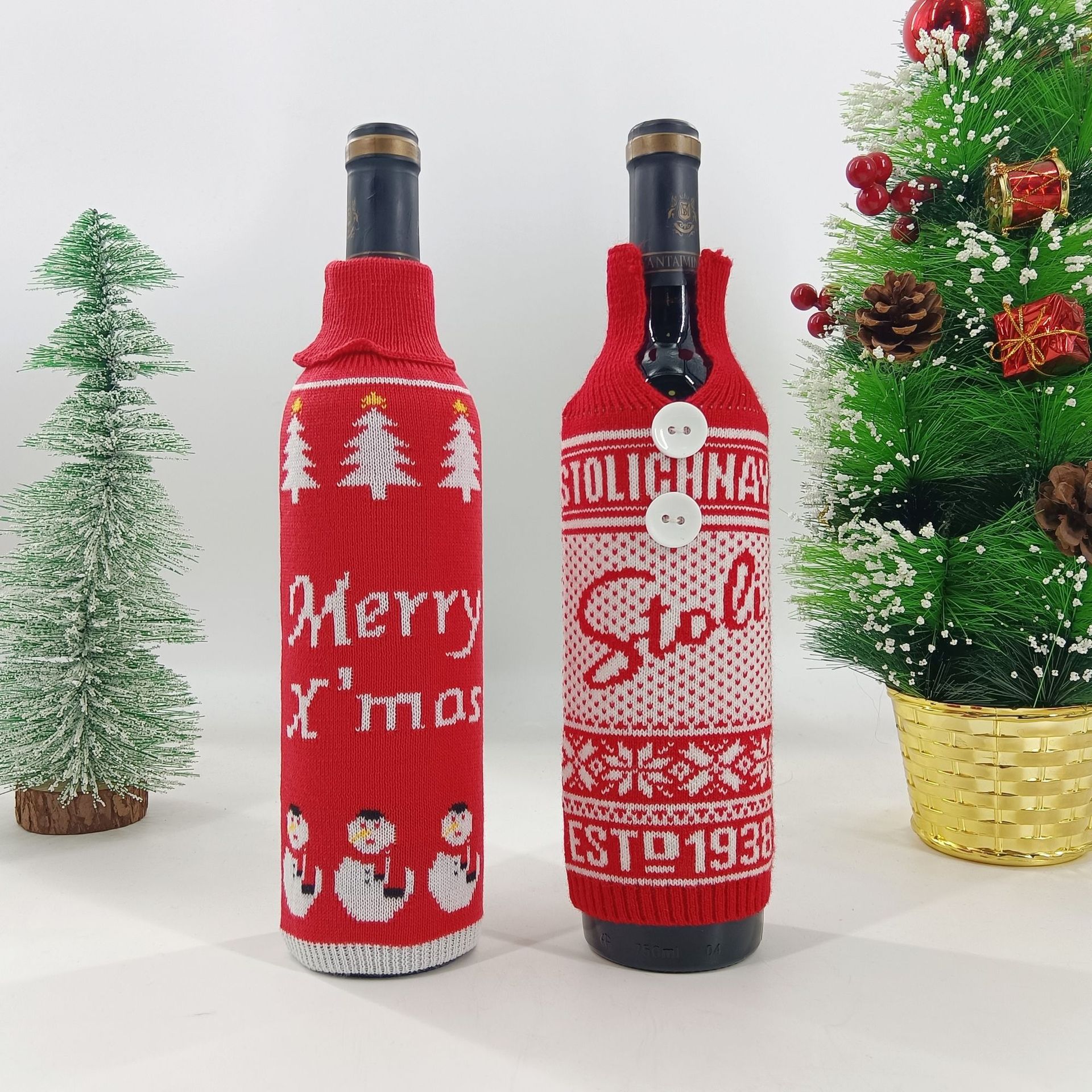 24年新款圣诞针织酒瓶套酒瓶毛衣红酒外套装饰杯套定制圣诞节氛围