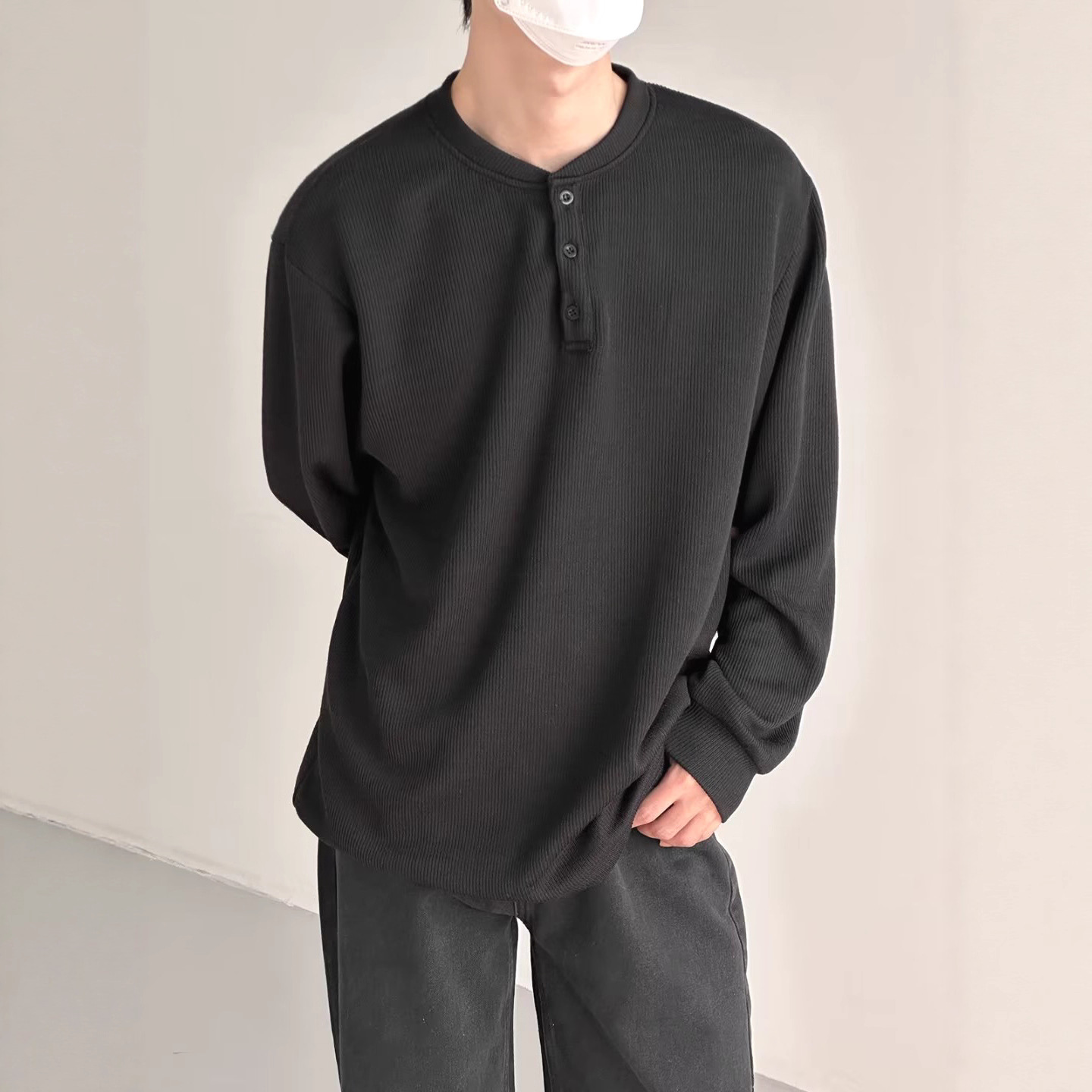 Herrenbekleidung Langarm-T-Shirt, Waffelstrick-Henley-Langarm-T-Shirt für Herren - Strukturierter, lässiger Arbeitspullover mit Knopfleiste_voghion.com