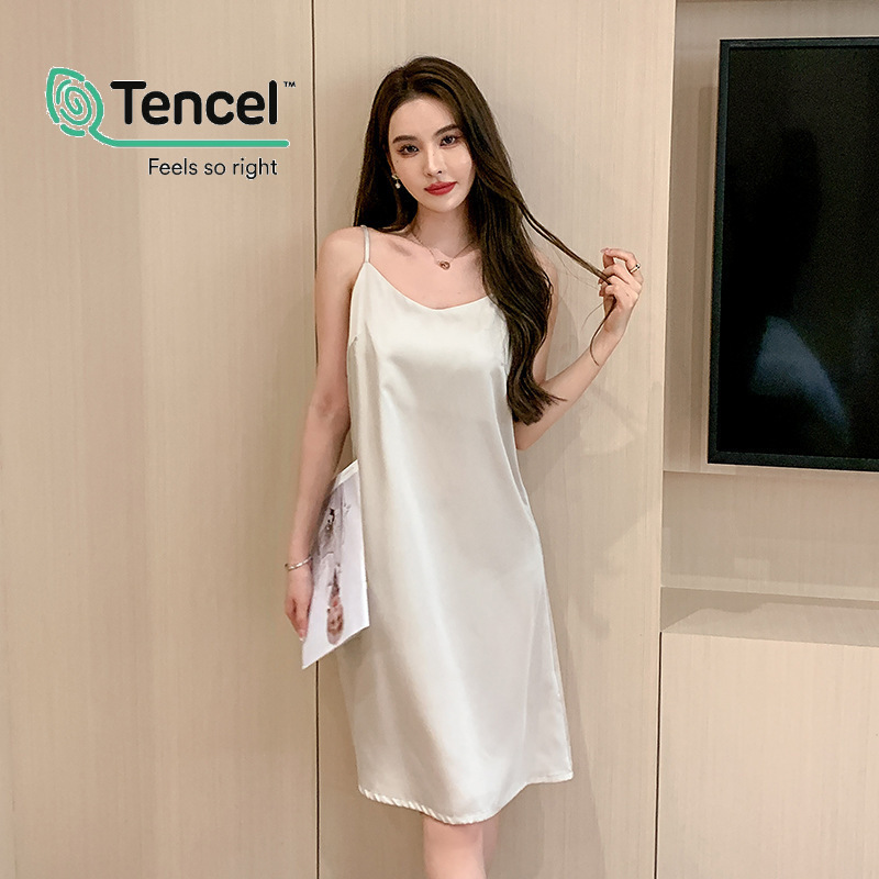 Solid Color 60s Lanjing Tencel Sling Nightgown Summer Thin Sleeveless Lyocell Ice Silk Sexy Pajamas Home Clothes