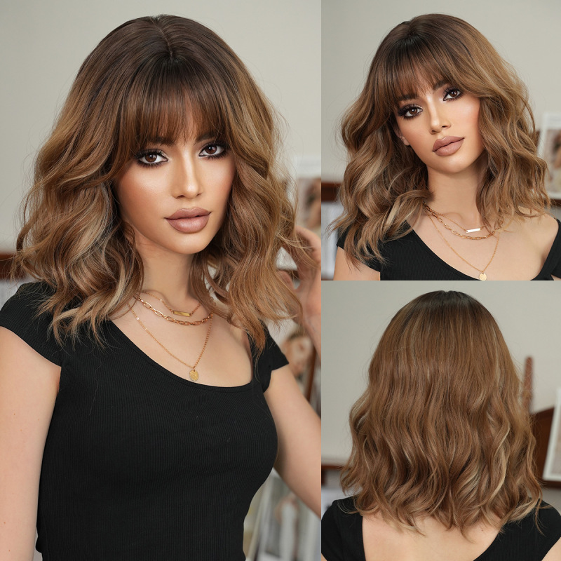 ショートヘアの女性用ウィッグ、パリ風ペイント染めショートカーリーヘア、フルヘッドギア、ナチュラルショートヘア、おしゃれなボブヘア、フルヘッド|undefined
