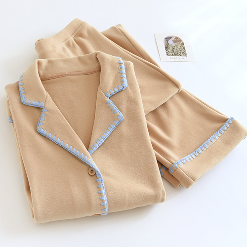 DeRong solid color simple long-sleeved trousers pajamas for women autumn and winter thickened and warm simple casual cardigan home wear set