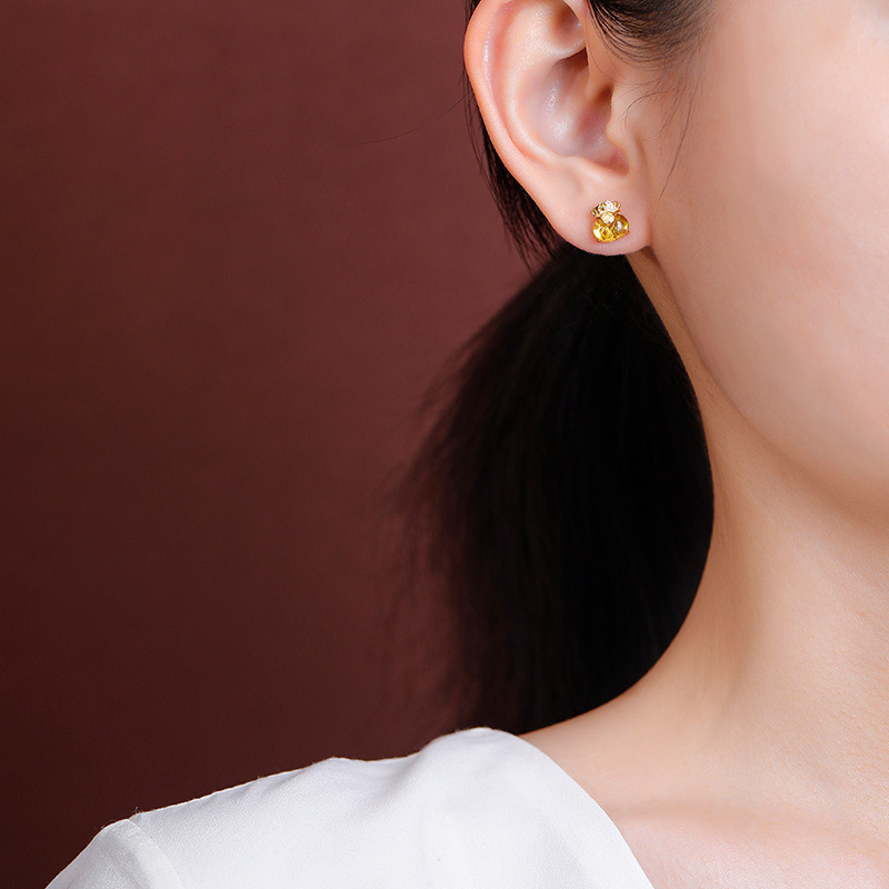 Bông tai bạc S925 đá tự nhiên hình túi tiền may mắn — Mô hình Citrine
