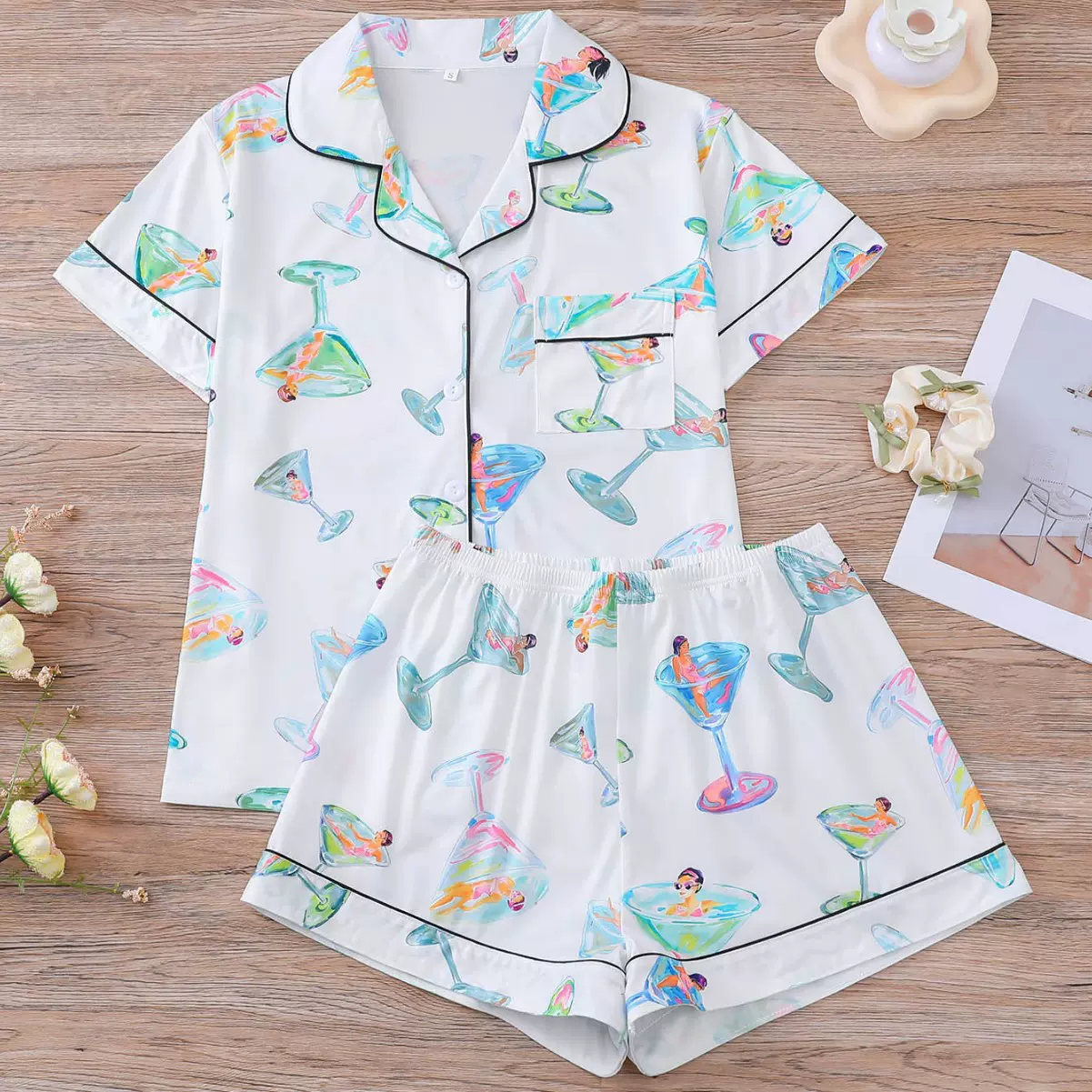 跨境外贸爆款女士睡衣四季酒杯印花翻领短袖短裤女士家居服套装