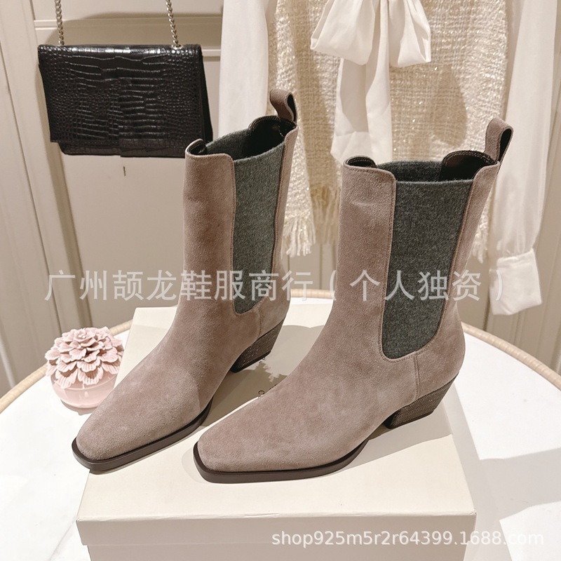 高版2025新款麂皮方头英伦复古珠链粗跟高跟套筒弹力短靴马丁靴女|undefined