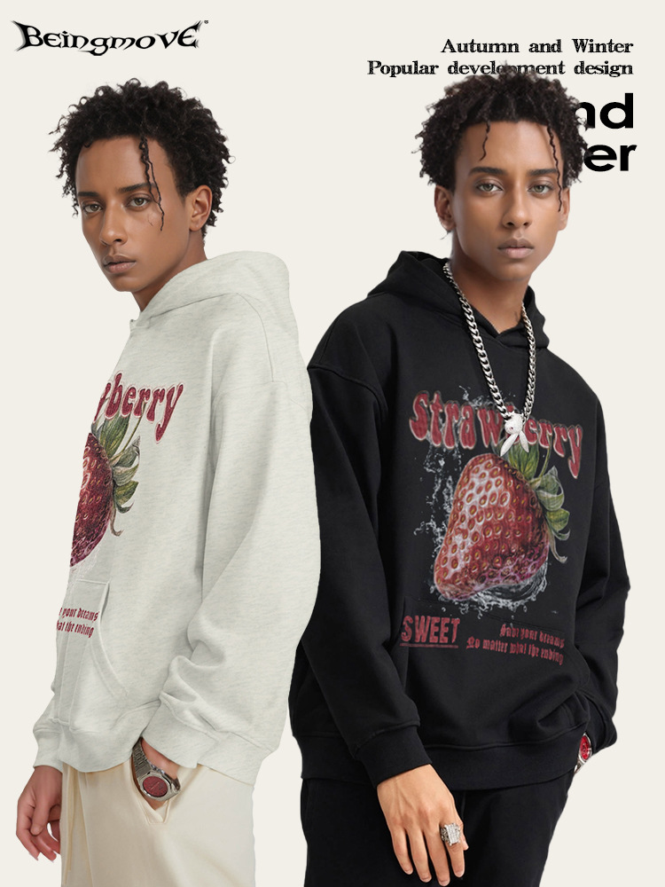 2025 otoño estilo americano de moda alta calle delgada suelta viento neutro impresión de fresa sudadera con capuchón chaqueta de comercio exterior para hombres