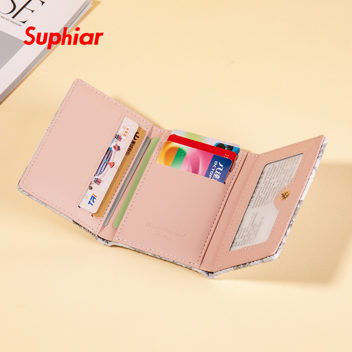 Cartera pequeña de tres pliegues de estilo nacional retro, tarjetero corto y ultrafino con impresión en color, billetera multifuncional y ligera para mujer con patrón de rombos