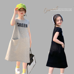 女童連衣裙2024夏針織字母印花連衣裙中長款休閒長裙親子裝